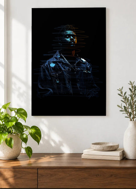 Blue Denim, Amber Edge acrylic wall art displayed above a wooden console with plants and books against a white wall.
