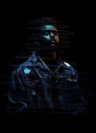 Man in sunglasses and a denim jacket, drawn with blue light and an orange facial edge against black.