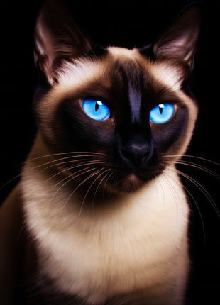 Cream-colored cat looking right with bright blue eyes, dark ears and dark facial mask.