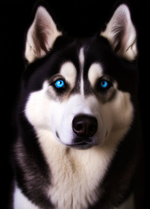 Black-and-white husky facing forward with blue eyes, pointed ears and symmetrical pale facial markings.