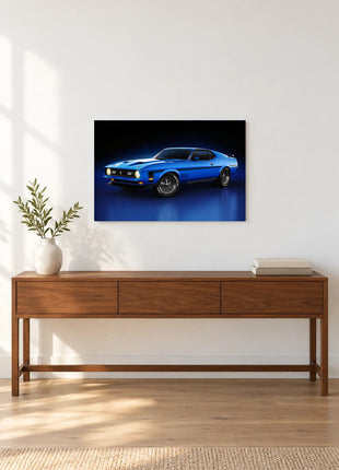 Blue Mach Horizon shown as horizontal acrylic wall art above a wooden console with a vase of leafy stems and stacked books.