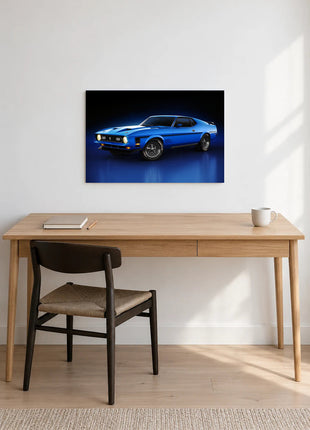 Blue Mach Horizon shown as horizontal acrylic wall art above a wooden desk with a notebook, pencil and white mug.