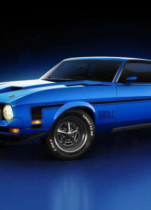 Bright blue Ford Mustang Mach 1 with black hood and side stripes, yellow headlamps and a rear spoiler against a blue studio glow.