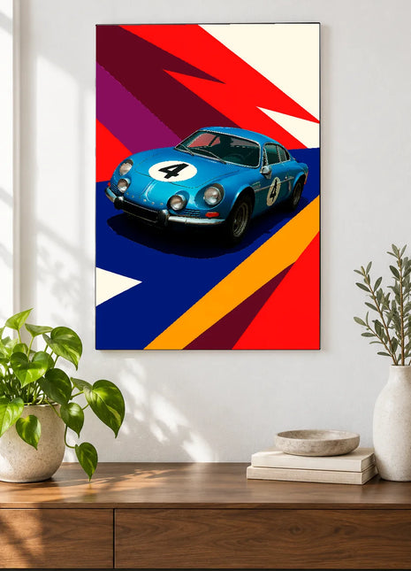 Blue Note Number Four car wall art displayed above a walnut console against a white wall