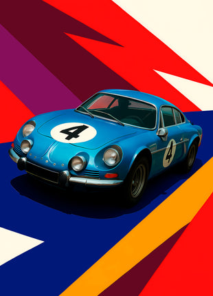 Blue number 4 vintage rally coupe over red, burgundy, navy and gold geometric rays; Blue Note Number Four artwork