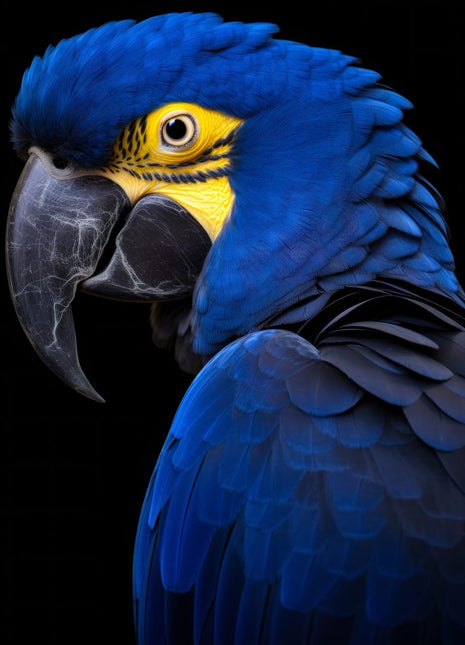 Blue parrot in left profile with yellow skin around the eye and a dark beak.