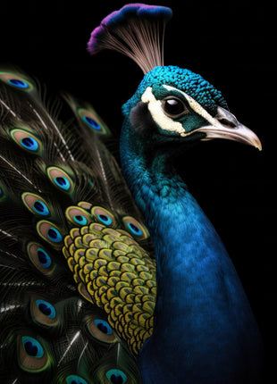 Blue peacock facing right with a delicate crest and partial green-gold eye-patterned feather fan.
