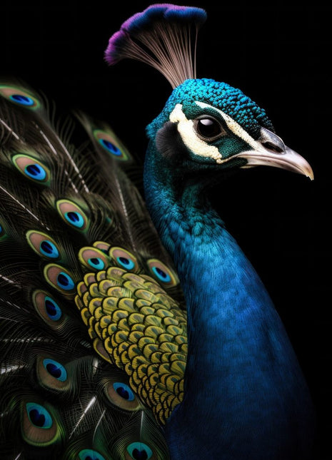 Blue peacock facing right with a delicate crest and partial green-gold eye-patterned feather fan.