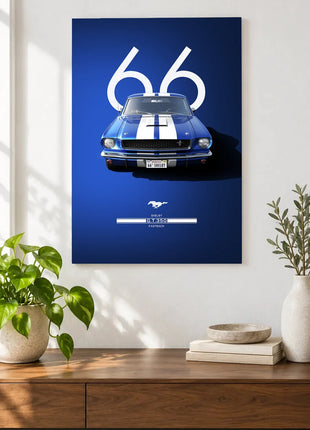 Blue Streak Sixty-Six wall art displayed as a frameless piece above a wooden console against a light wall