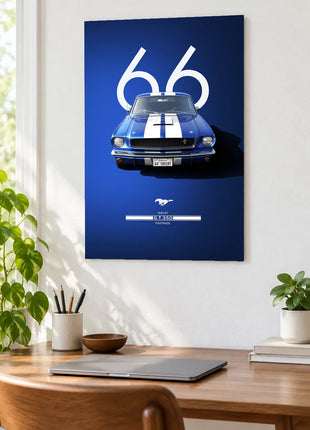 Blue Streak Sixty-Six wall art displayed as a frameless piece above a wooden desk in a bright room