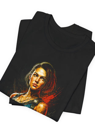 Folded black T-shirt detail showing Jill Valentine’s short brown hair, blue neckline and square shoulder light.
