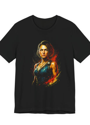 Black T-shirt front showing Jill Valentine in a blue top and shoulder harness against red and gold strokes.