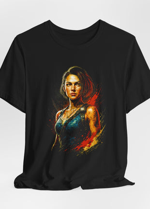 Gathered black T-shirt front with Jill Valentine’s blue-clad portrait framed by red and gold strokes.