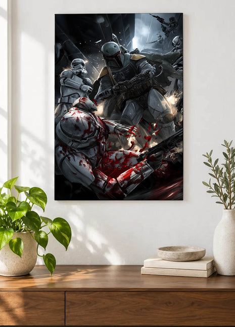Boba Fett Close-Quarters Reckoning acrylic wall art displayed above a wooden console with plants and books against a white wall.