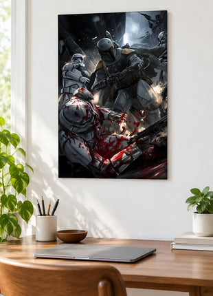 Boba Fett Close-Quarters Reckoning acrylic wall art displayed above a wooden desk with a laptop, plants and books against a white wall.