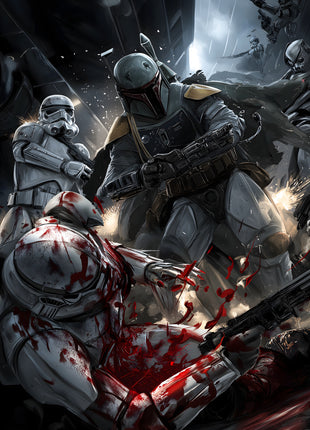 Boba Fett Close-Quarters Reckoning original artwork: places Boba Fett in the middle of a crowded stormtrooper fight.