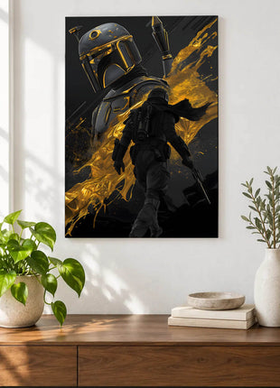 Boba Fett Gold in the Shadows acrylic wall art displayed above a wooden console with plants and books against a white wall.
