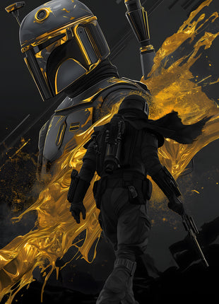 Boba Fett Gold in the Shadows original artwork: presents Boba Fett in black armor edged with gold, with a larger helmet portrait behind the standing figure.