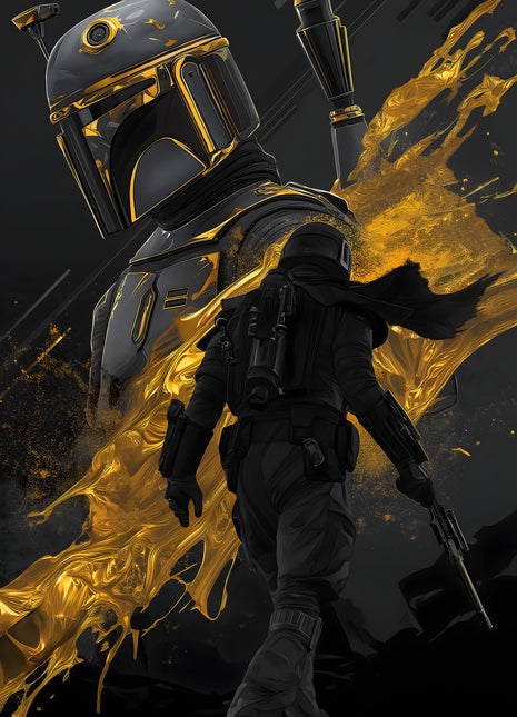 Boba Fett Gold in the Shadows original artwork: presents Boba Fett in black armor edged with gold, with a larger helmet portrait behind the standing figure.