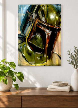 Boba Fett Weathered Watch acrylic wall art displayed above a wooden console with plants and books against a white wall.