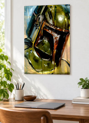 Boba Fett Weathered Watch acrylic wall art displayed above a wooden desk with a laptop, plants and books against a white wall.