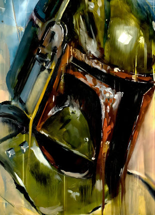 Boba Fett Weathered Watch original artwork: fills the frame with a tilted close-up of Boba Fett's green helmet.