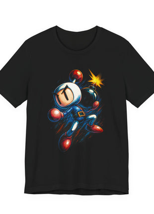 Black T-shirt front showing Bomberman leaping in a blue suit with a black bomb and bright yellow fuse spark.