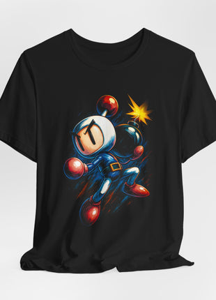 Gathered black T-shirt front featuring leaping Bomberman with red gloves and boots and a lit cartoon bomb.
