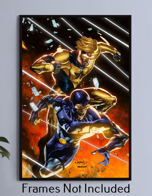 Primary Image: Booster Gold and Blue Beetle superhero wall art in bright comic colors

