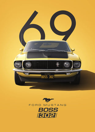 Yellow Mustang with a black hood beneath 69 in Boss of the Sunshine wall art, full artwork view