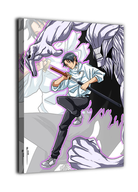 Bound Beyond Death Wall Art featuring Yuta Okkotsu with Rika Orimoto, the Queen of Curses from Jujutsu Kaisen 0, shown as canvas wall art, by Emmanuel Centeno.