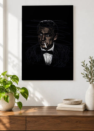 Bow Tie and a Sideways Glance acrylic wall art displayed above a wooden console with plants and books against a white wall.
