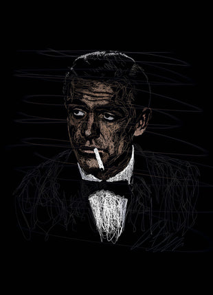 Tuxedoed man with a bow tie and cigarette glancing sideways, rendered in fine scribble lines on black.