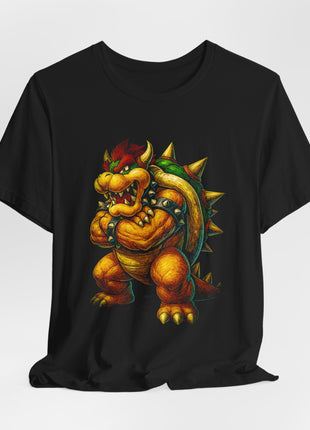 Draped front view of the black Bowser King Koopa Portrait Graphic T-Shirt.