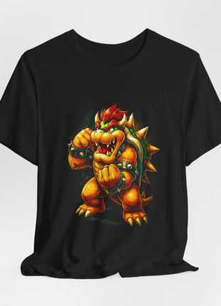 Draped front view of the black Bowser Koopa Attack Graphic T-Shirt.