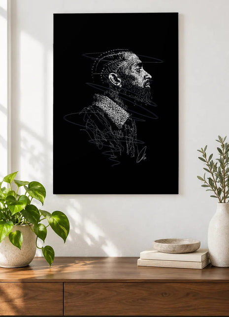 Braids in Side Light acrylic wall art displayed above a wooden console with plants and books against a white wall.