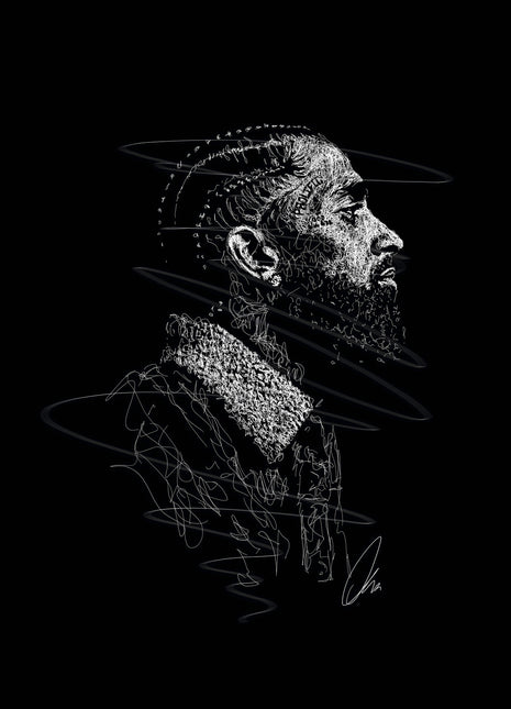 Monochrome scribble portrait of a bearded man in side profile with braided hair and a textured collar on black.