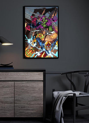 Bridge Ambush wall art featuring Spider-Man, Nova, and Green Goblin — room display mockup