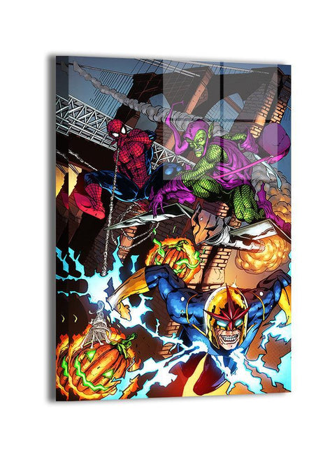 Bridge Ambush wall art featuring Spider-Man, Nova and Green Goblin