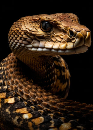 Bronze-brown snake looking right with patterned scales, pale jaw markings and a coiled body against black.