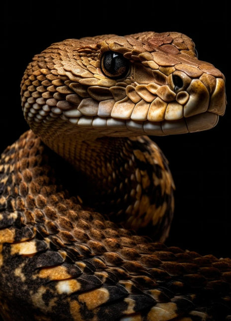 Bronze-brown snake looking right with patterned scales, pale jaw markings and a coiled body against black.