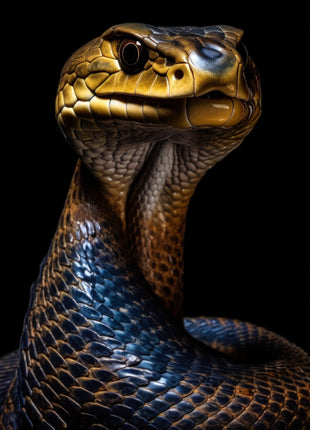 Bronze and charcoal snake with raised head, golden face scales and blue highlights on its curved body.