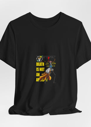 Draped front view of the black Brook Yellow Quote Small Panel Graphic T-Shirt.