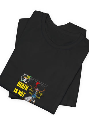 Folded black Brook Yellow Quote Small Panel Graphic T-Shirt showing a close view of the printed character artwork.