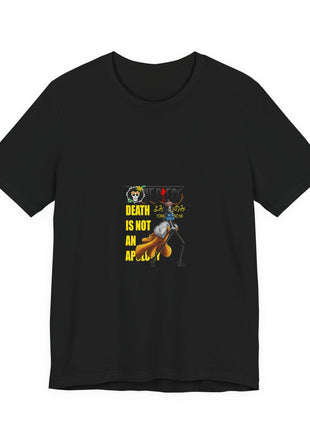 Front of a black T-shirt featuring Brook in a gold coat and crown beside bold yellow quote lettering in a small panel.