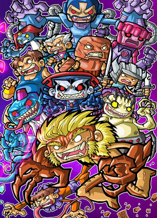 Brotherhood of Bedlam Marvel wall art by Jeff Benitez featuring chibi X-Men villains in a crowded action scene.