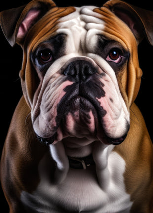 Brown-and-white bulldog with folded brow, broad dark muzzle, white facial blaze and chest.