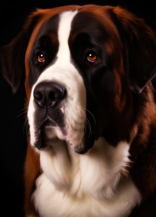Large brown-and-white dog with broad white facial blaze, dark eye patches, drooping ears and pale chest.
