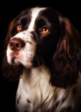 Brown-and-white spaniel looking upward left with long wavy ears, white blaze and speckled muzzle.