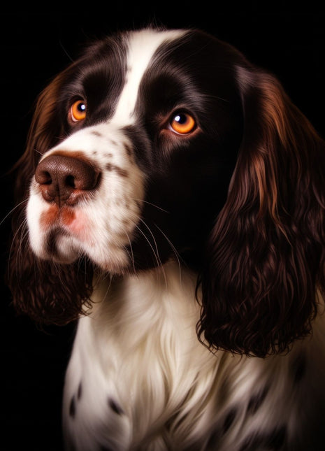 Brown-and-white spaniel looking upward left with long wavy ears, white blaze and speckled muzzle.